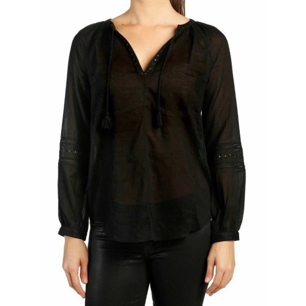 Paige Ava Cotton Peasant Blouse Studded V Neck Long Sleeve Black Size M Boho Top
